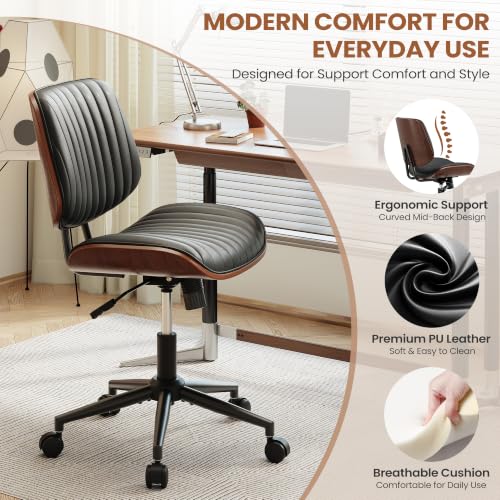 Black Armless Office Chair - Modern PU Leather Swivel Desk Chair with Walnut Bentwood Back & Height Adjustment - Set of 1