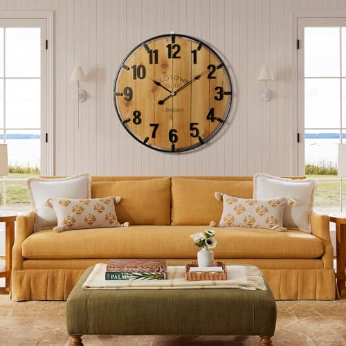 Farmhouse Wall Clock - 30 Inch Wooden & Metal Large Clock - Brown Variation