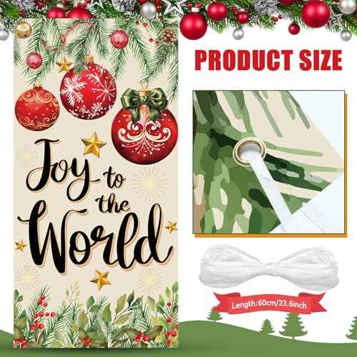 Merry Christmas Joy to The World Door Cover Xmas Balls Decorations Pine Cone Christmas Backdrop Banner Holiday in July Background Banner for Front Door Xmas Party Decor