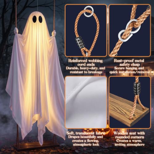 Outdoor Halloween Ghost Swing with String Lights - 5 ft Spooky Yard Decor