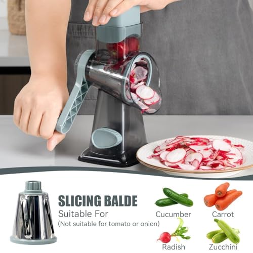 KEOUKE Rotary Cheese Grater 6-in-1 Hand Crank Shredder & Slicer - Grey Blue SP