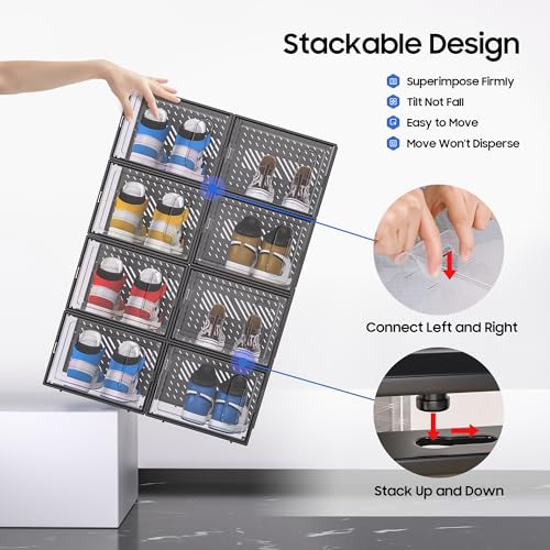 Black XL Shoe Storage Box with Magnetic Door - Stackable Shoe Organizer for Closet