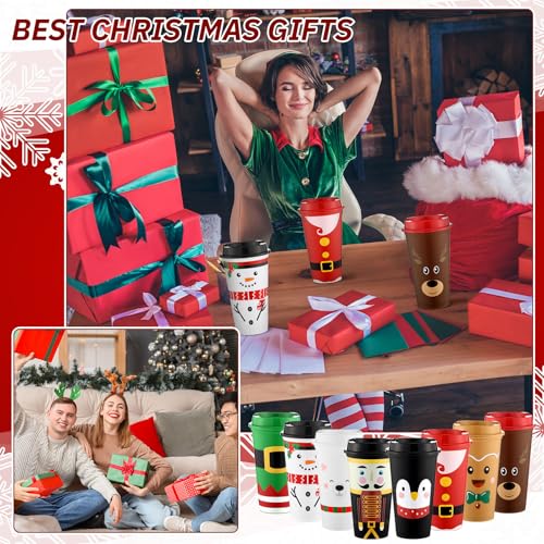 SiliFine 16 Pcs Christmas Coffee Cups with Lids 16 oz - Reusable Travel Mugs (Christmas)
