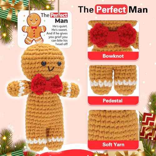 Positive Gingerbread Doll Funny Handmade Crochet Christmas Stuffed Animals with Affirmation Card for Christmas Decor Gag Gift