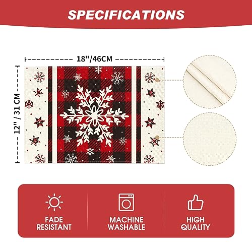 Artoid Mode Set of 12 Red Buffalo Plaid Snowflake Placemats 12x18 Inch Christmas Table Decor