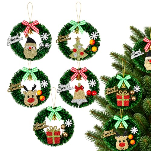 3.2in Mini Christmas Wreath Ornaments for Dollhouse – Small Xmas Wreaths with Bow, 5Pcs