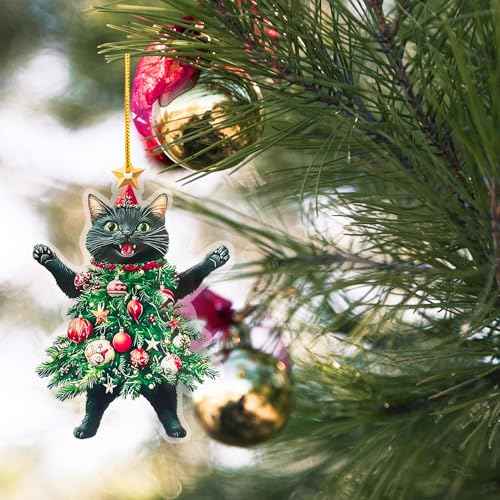 2025 Cat Tree Christmas 2D Ornaments Black Cat Acrylic Decorations for Christmas Tree Unique and Fun Christmas Decoration Gifts Specially Prepared for Pet Owners (4, Black+White)