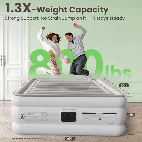 CHERIMOR Queen Air Mattress with Built-In Pump Gray & White, Anti-Sag Support, 80x60x18 Inches