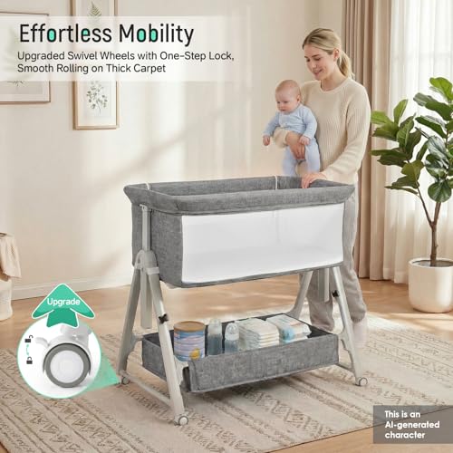 Grey Cowiewie 3-in-1 Baby Bassinet Bedside Crib with Mattress & Wheels