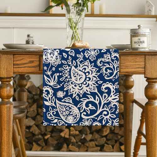 Artoid Mode Blue Floral Paisley Table Runner, Seasonal Spring Kitchen Dining Table Decoration for Home Party Decor 13x72 Inch
