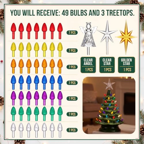 Fumete 52 Pcs Christmas Tree Replacement Light Bulbs Set with Top Decorations