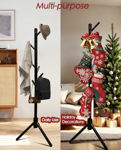 Black Freestanding Christmas Stocking Holder Stand, 8-Hook Wooden Tree