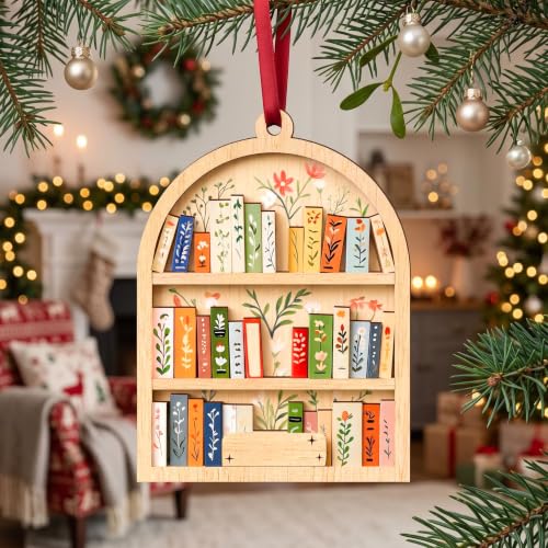 Customizable Bookshelf Christmas Ornament, 4 Inch Wooden Book Lover