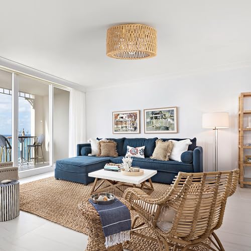 Gold 3-Light Rattan Ceiling Light Fixture Boho Woven Flush Mount for Bedroom Living Room