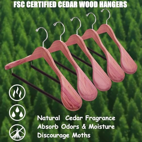 5 Pack Cedar Wood Suit Coat Hangers with Extra Wide Shoulders & Swivel Hook