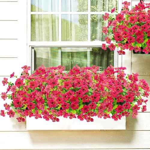 Agusbagli 10 Bundles Artificial Flowers Outdoor UV Resistant Fake Flowers No Fade Faux Plastic Greenery Shrub Plants for Wedding Home Garden Window Box Fireplace Thanksgiving Christmas Decor, Rose Red