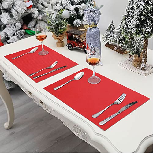 SHACOS Set of 6 Red Woven Vinyl Christmas Placemats - Indoor & Outdoor Table Decor