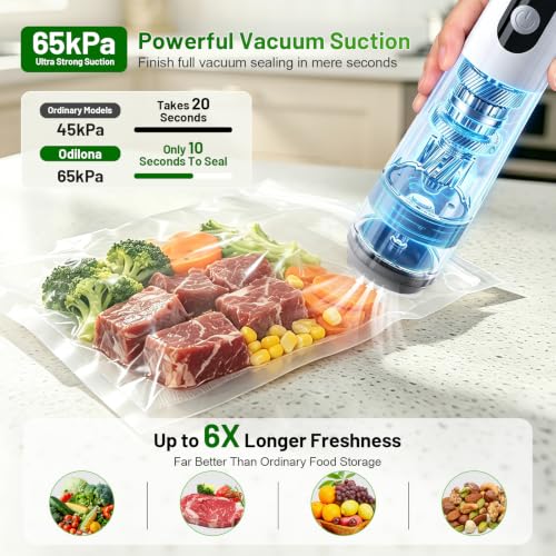 White Handheld Vacuum Sealer for Food Preservation, 65kPa Suction, Reusable Bags