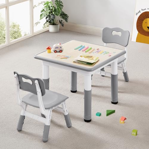 CuFun Kids Adjustable Table & Chair Set - Grey Wood, 23.6" x 23.6" with 2 Chairs for Ages 2-8