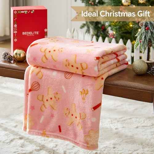 BEDELITE Pink Christmas Throw Blanket for Girls & Teens ? Cute Holiday Blanket with Gingerbread Man Pattern, Soft Lightweight Fleece Christmas Blanket for Couch & Bed, Festive Home D?cor Gift, 50"x60"