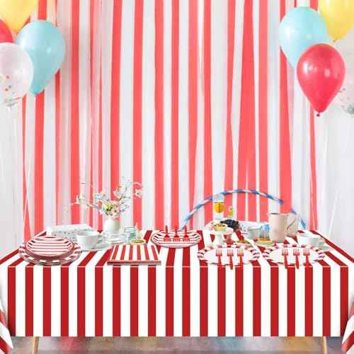 Carnival Circus Party Supplies, Red and White Strips Party Decorations, 81 Pcs Includes Plates, Napkins, Carnival Tablecloth, Forks, for Birthday, Carnival, Baby Shower, Christmas, Picnic, Serves 20