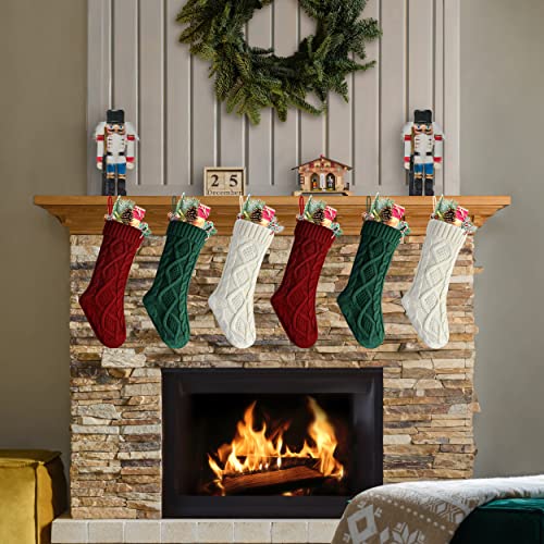 Kunyida Pack of 6 18" Burgundy Ivory Green Knit Christmas Stockings - Rustic Cable 6-Pack