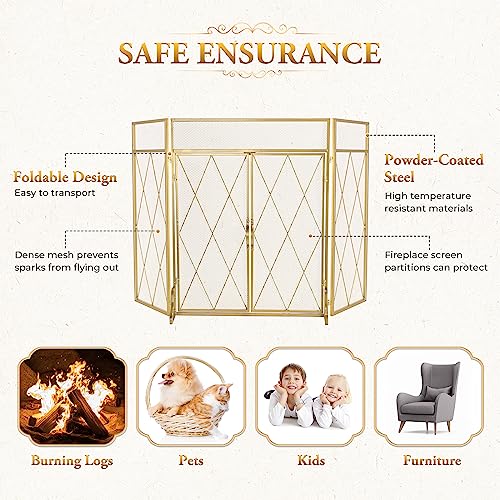 POWLAB Gold 3-Panel Fireplace Screen with Double Doors - 50" x 32"