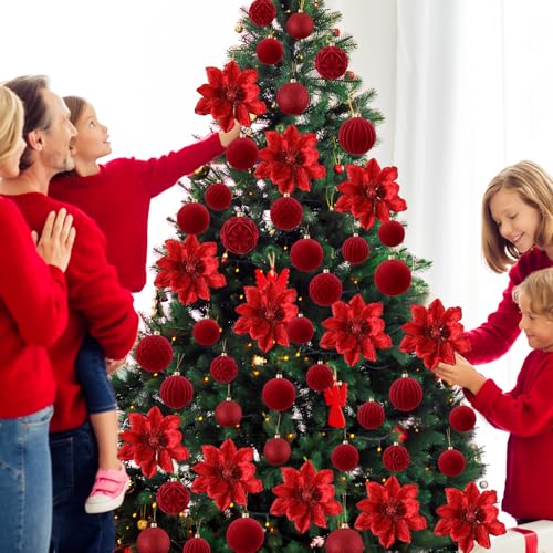 Yuxung 48 Pcs Christmas Tree Decoration Set Red with Glitter Flowers & Velvet Balls