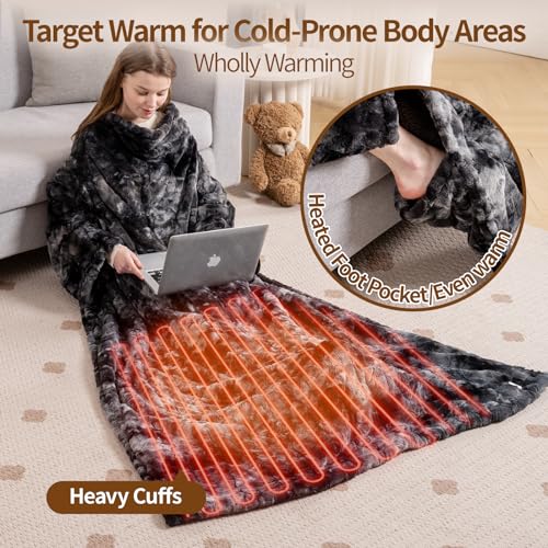 Marble Black Wearable Heated Blanket with Foot Pockets & Sleeves - 50x70+18 Inches, Faux Fur & Sherpa, 6 Heat Levels, Auto-Off, Machine Washable