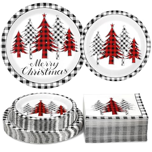 Homlouue 200Pcs Christmas Dinnerware Set — Red & White Tree & Plaid Plates + Napkins (50 Guests) Black & White Variant