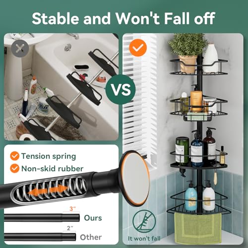 Corner Shower Caddy Tension Pole - 4 Tier Rustproof Bathroom Organizer - Black / Fan-Shape