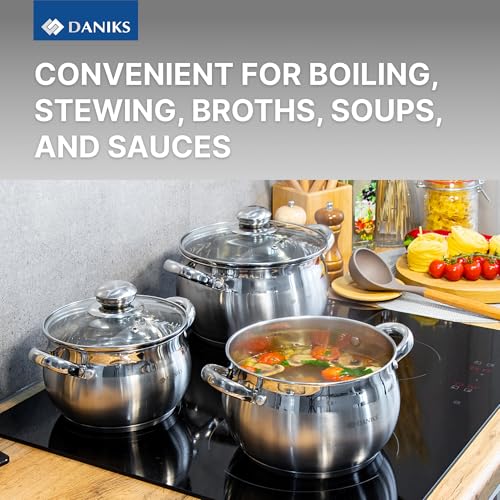 Daniks 6-Piece Stainless Steel Cookware Set with Glass Lids - Induction Compatible