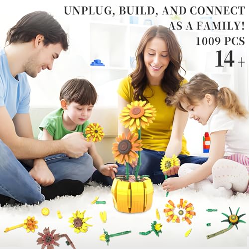 BrickTribe Dual Flower Bouquet Building Set with Vase - Sunflowers & Roses, Creative Home Decor Gift for Women & Adults