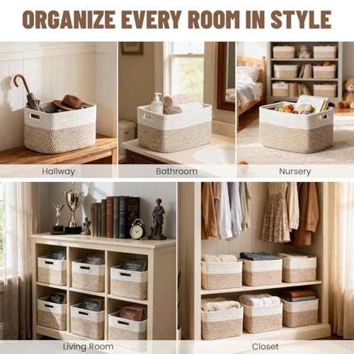 Woven Storage Baskets 5 Pack - Khaki & White Decorative Organizers