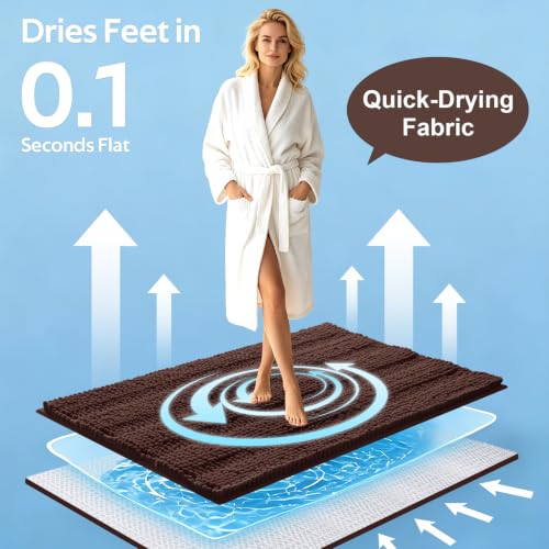ACCUMTEK Brown Striped Bathroom Rug Set 3 Pieces - Ultra Soft Non-Slip Chenille Mats, U-Shape Contour & Small Bath Rugs, 2'8"x1'8"+2'x1'5"