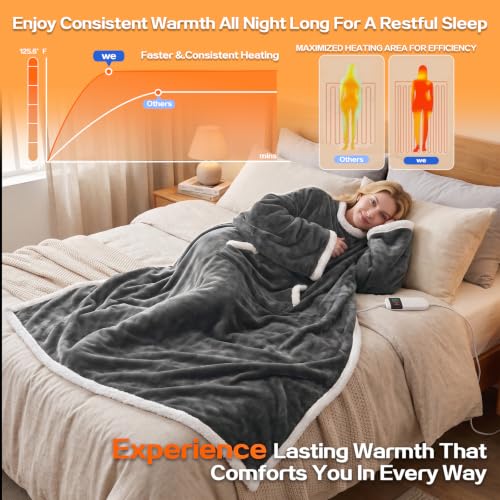 Wearable Heated Blanket with Sleeves & Foot Pockets - Dark Gray, 72"×52"