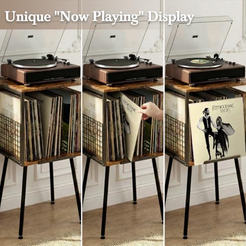 Faesun Rustic Vinyl Record Player Stand with Storage, 15.7''W x 12.6''D x 28.3''H, Display Slot, Holds 100+ LPs