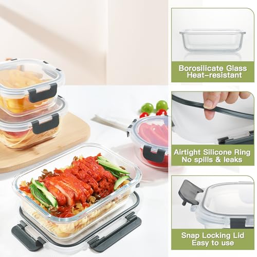 BAYZZ 15-Pack Gray Glass Food Storage Containers Set with Airtight Lids