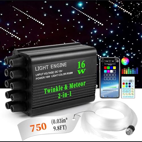 Fiber Optic Star Light Kit for Car Interior Ambient Lighting 750 Strands 9.8ft - RGBW, Music Sync, Remote & App Control, Includes 16W Engine - Variation of 750pcs 0.03in x 9.8ft