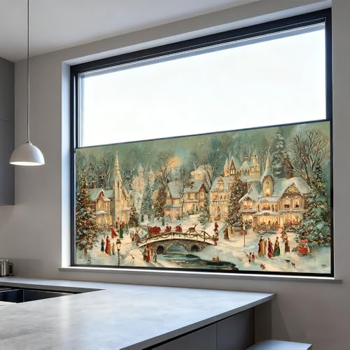 Window Privacy Film 39.37 x 17.3 in Christmas Village Static Cling - Colorful Window #04