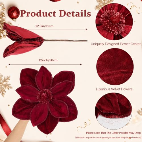 8PCS Burgundy Christmas Magnolia Flowers - Large 12-Inch Holiday Tree Decor