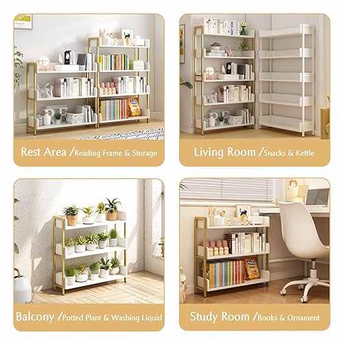 OSCHF 3-Tier Open Shelf Bookcase - White with Gold Frame, Modern Storage