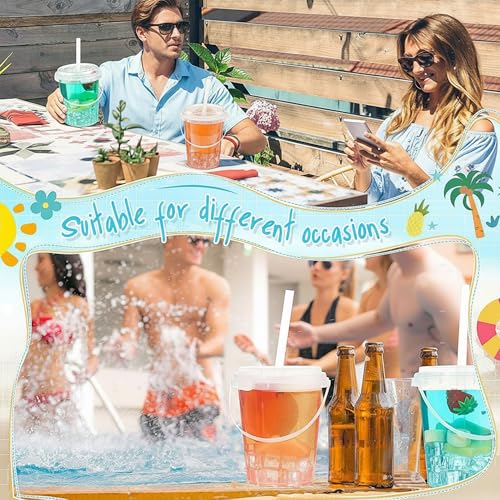 24 oz Clear Plastic Drink Buckets Set of 50 with Lids Straws Handles - PARTY & Catering Supplies