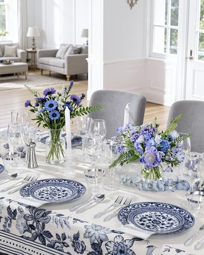 Hioasis Blue Plastic Dinner & Dessert Plates Set for 30 Guests - White & Blue
