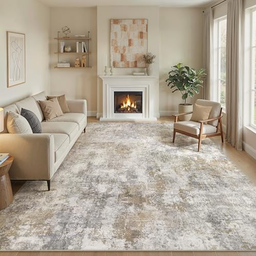 Light Brown Grey 9x12 Washable Abstract Area Rug - Non-Slip Living Room Carpet
