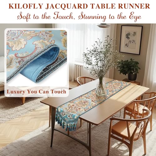 Kilofly Blue Floral Brocade Jacquard Table Runner 89x12 Inches with Tassels