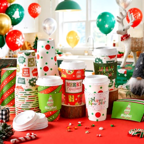 Jingmore 48 Pack Christmas Coffee Cups with Lids & Sleeves, 16oz - Holiday Designs