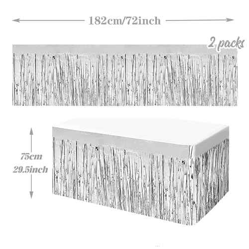 2 Pack 29.5x72 Inch Metallic Foil Fringe Tinsel Table Skirts Tinsel Backdrop Curtains for Rectangle Tables Parade Floats Mardi Gras Party(Silver)