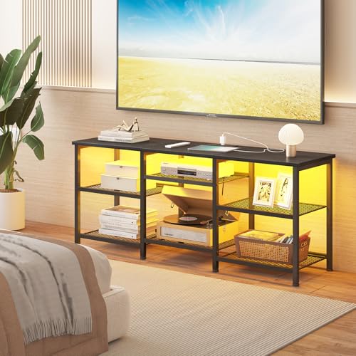 YGEOMER Black Entertainment Center for 50in TVs with LED Lights & Charging Station