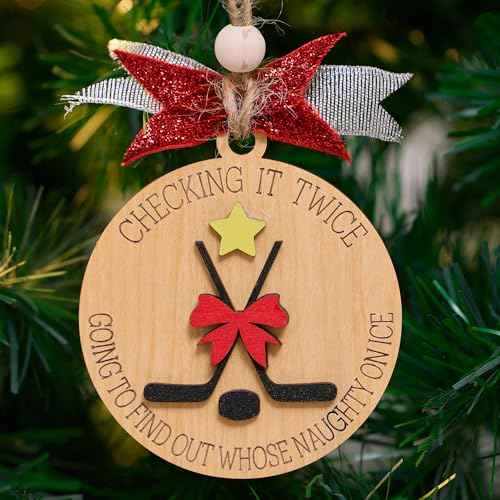 Funny Hockey Christmas Ornament ? Wooden Ice Hockey Tree Decoration, Naughty on Ice Holiday Ornament, Gift for Players & Fans